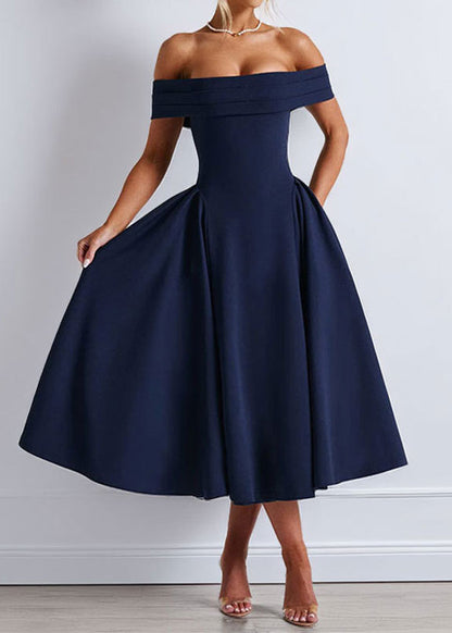Fashion Blue Off Shoulder Sexy Slash Neck Wrinkled Dress Summer
