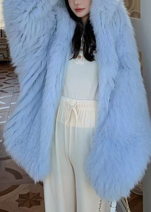 Fashion Blue Oversized Hooded Fox Fur Coats Winter