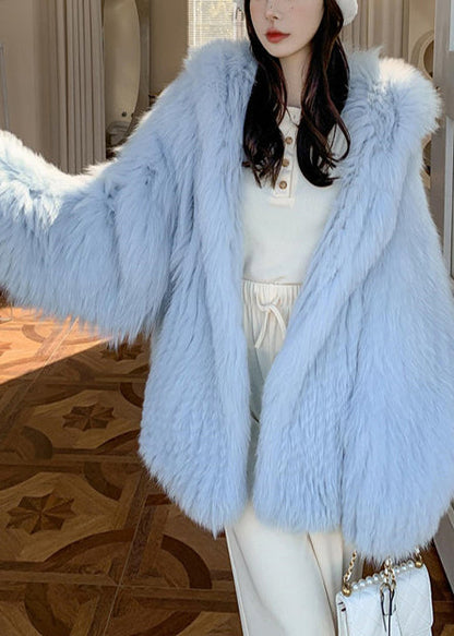 Fashion Blue Oversized Hooded Fox Fur Coats Winter