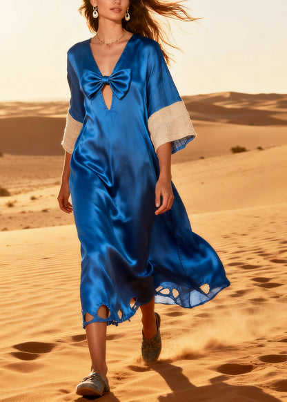 Fashion Blue Oversized Patchwork Silk Ripped Dress Summer