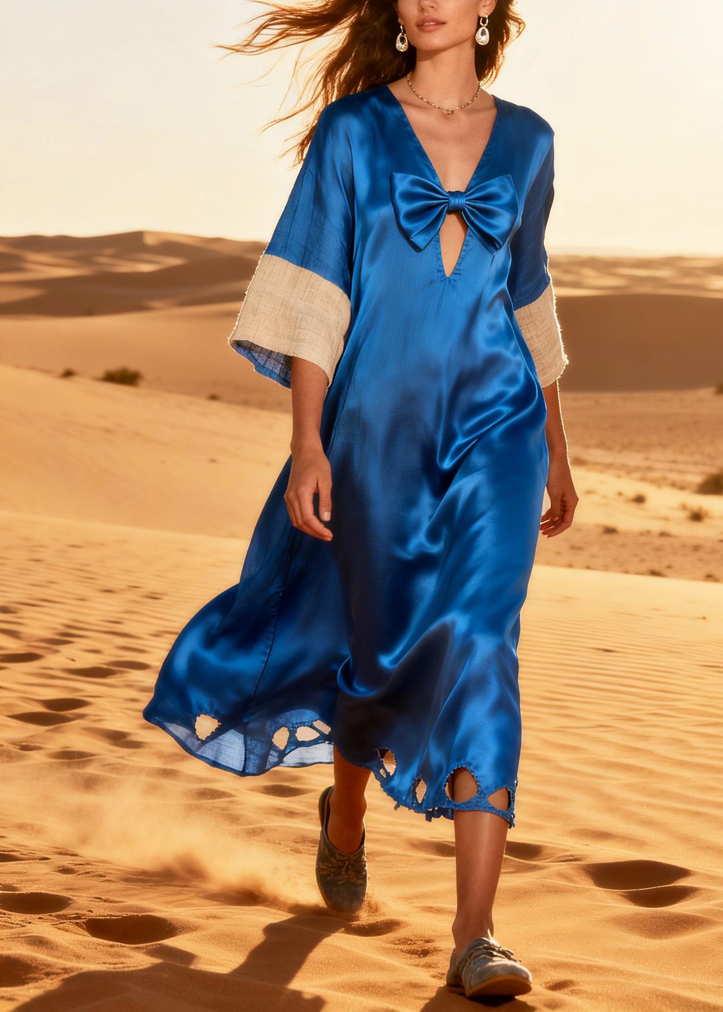 Fashion Blue Oversized Patchwork Silk Ripped Dress Summer