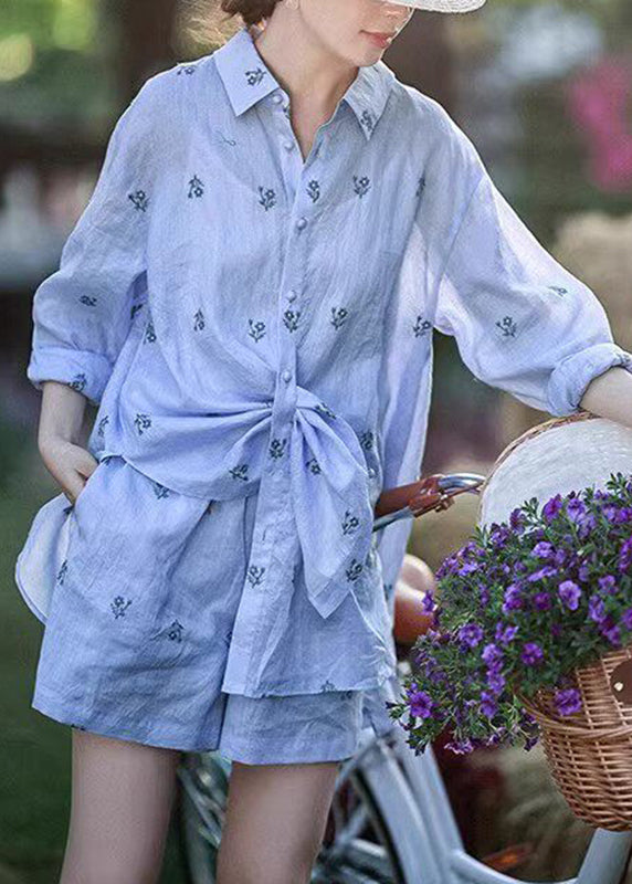 Fashion Blue Peter Pan Collar Embroidered Shirt And Shorts Two Pieces Set Summer