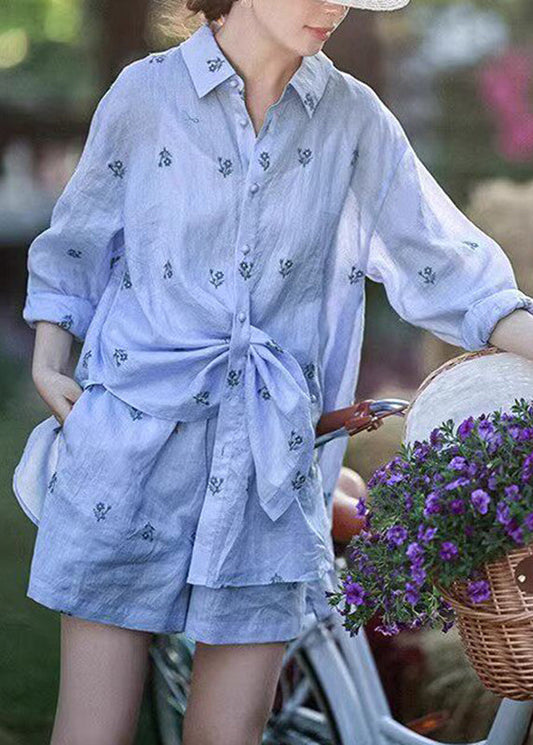 Fashion Blue Peter Pan Collar Embroidered Shirt And Shorts Two Pieces Set Summer