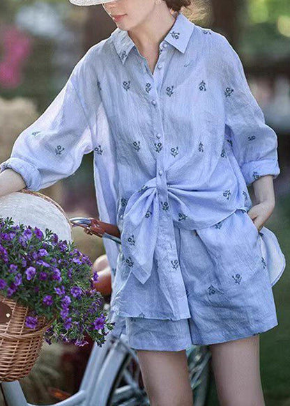 Fashion Blue Peter Pan Collar Embroidered Shirt And Shorts Two Pieces Set Summer