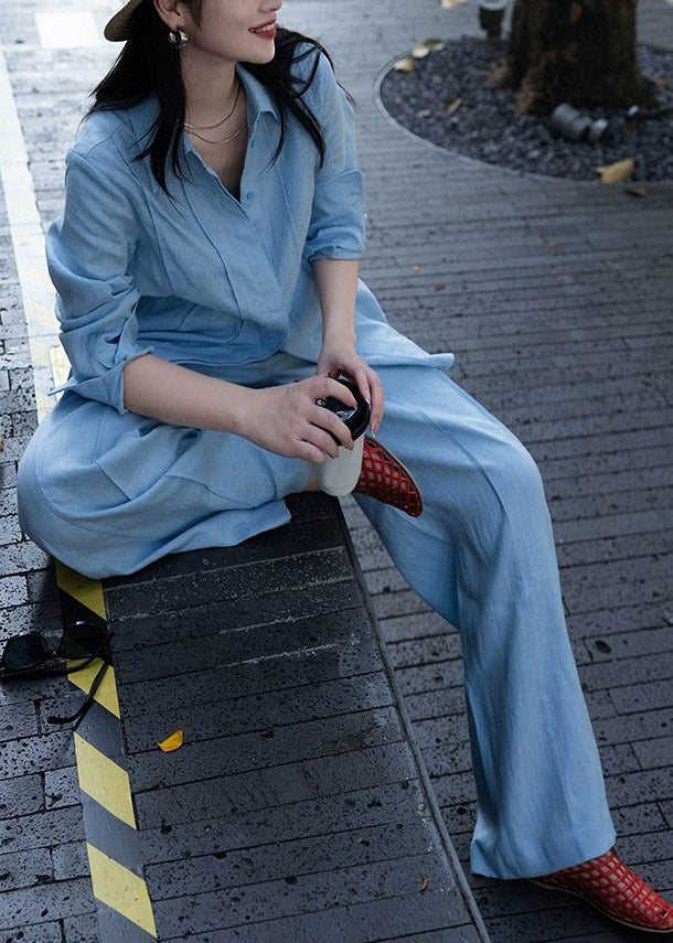 Fashion Blue Peter Pan Collar Linen Shirts And Wide Leg Pants Two Pieces Set Long Sleeve