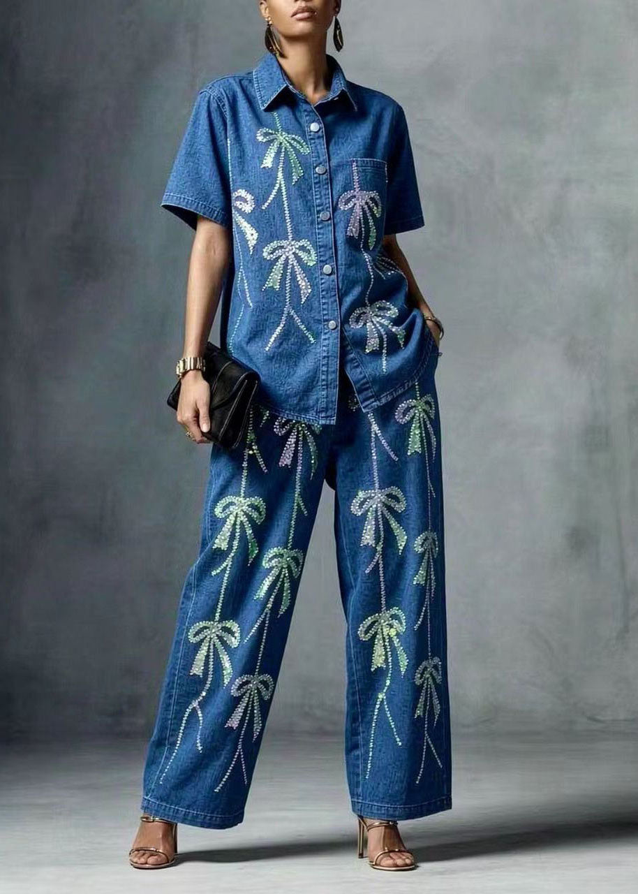 Fashion Blue Peter Pan Collar Zircon Denim Two Pieces Set Summer
