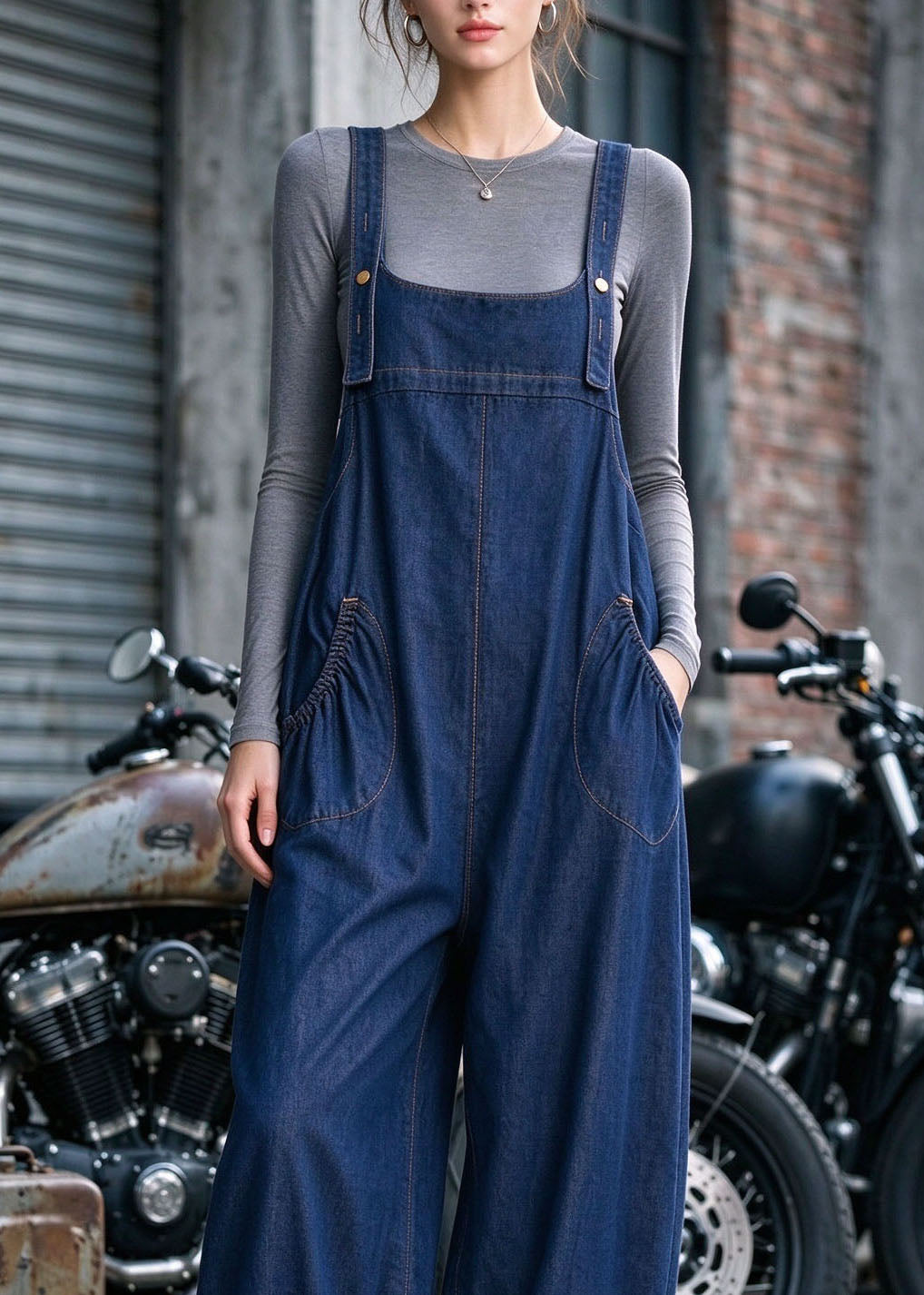 Fashion Blue Pockets Denim Lantern Jumpsuits Fall
