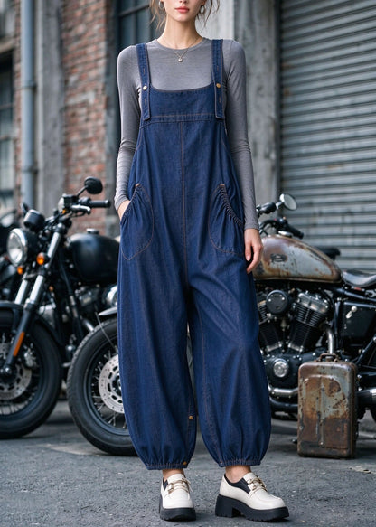 Fashion Blue Pockets Denim Lantern Jumpsuits Fall