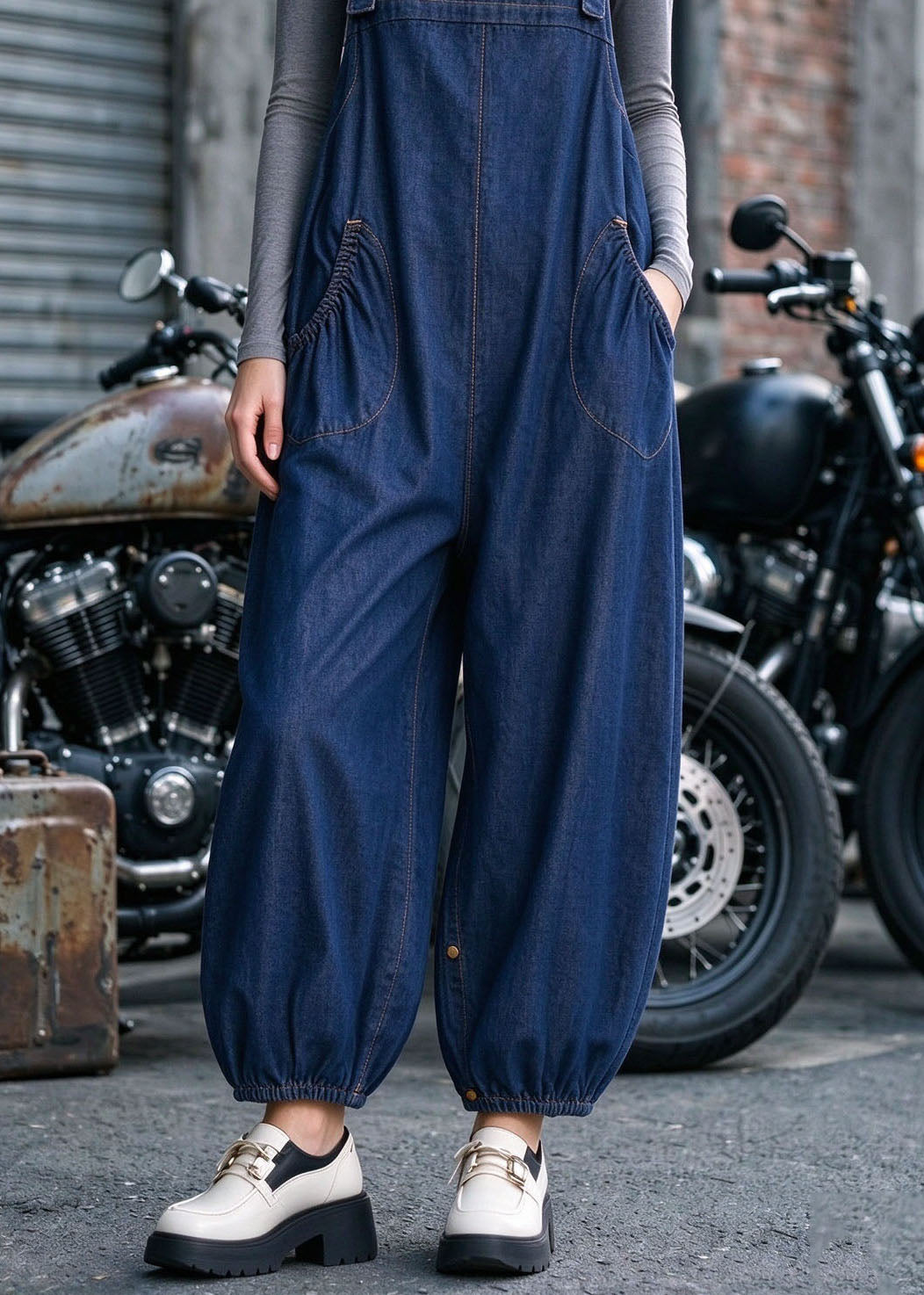 Fashion Blue Pockets Denim Lantern Jumpsuits Fall