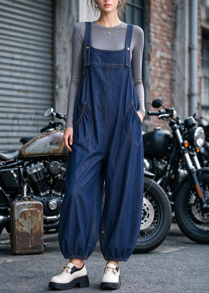 Fashion Blue Pockets Denim Lantern Jumpsuits Fall