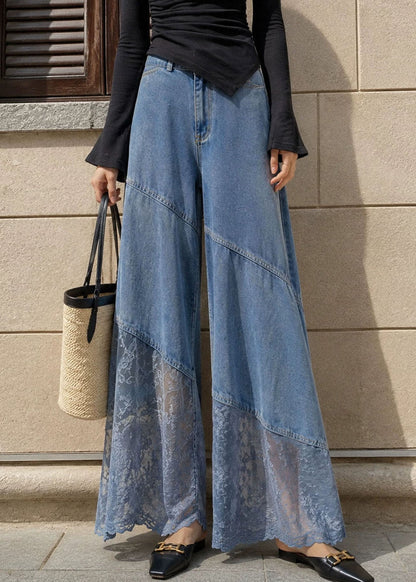 Fashion Blue Pockets High Waist Lace Patchwork Wide Leg Jeans Fall