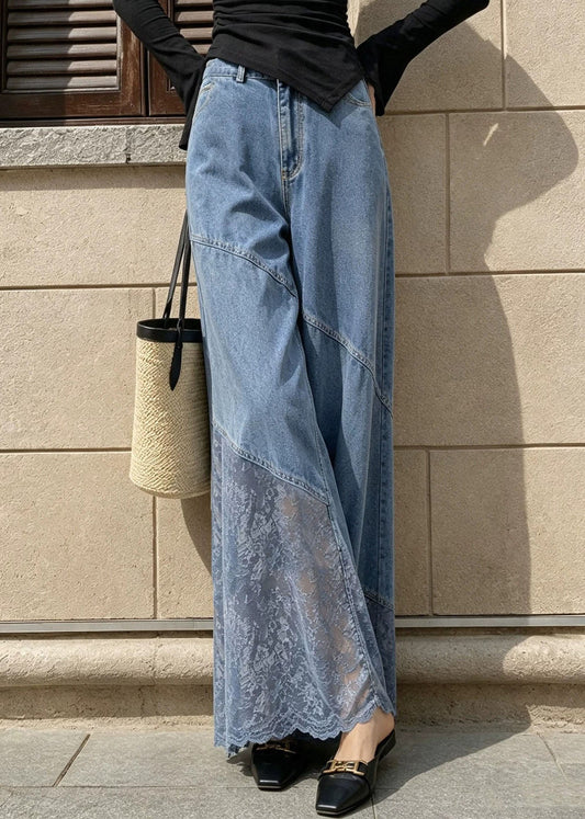 Fashion Blue Pockets High Waist Lace Patchwork Wide Leg Jeans Fall
