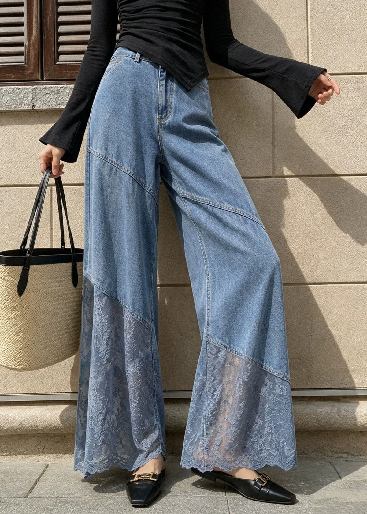 Fashion Blue Pockets High Waist Lace Patchwork Wide Leg Jeans Fall