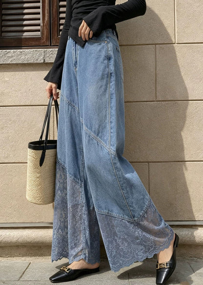 Fashion Blue Pockets High Waist Lace Patchwork Wide Leg Jeans Fall