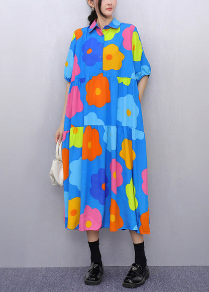 Fashion Blue Print Pockets Patchwork Cotton Blouses Dresses Half Sleeve