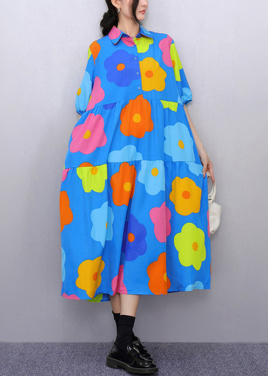 Fashion Blue Print Pockets Patchwork Cotton Blouses Dresses Half Sleeve