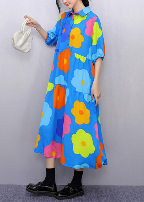 Fashion Blue Print Pockets Patchwork Cotton Blouses Dresses Half Sleeve