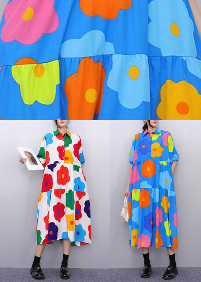 Fashion Blue Print Pockets Patchwork Cotton Blouses Dresses Half Sleeve