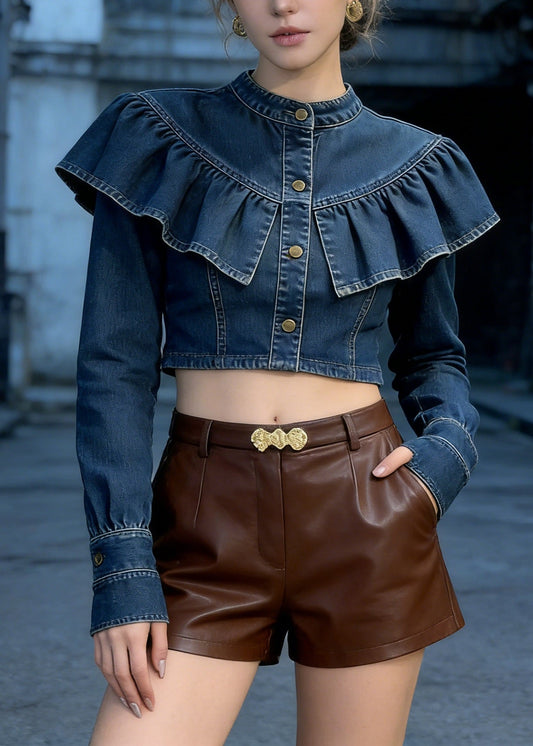 Fashion Blue Ruffled Patchwork Denim Short Top Spring