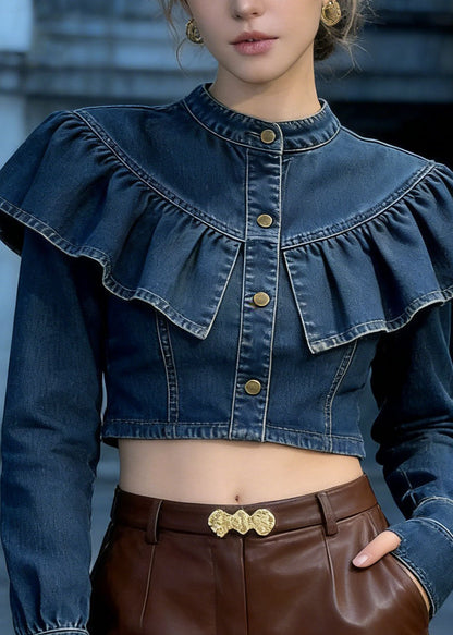Fashion Blue Ruffled Patchwork Denim Short Top Spring
