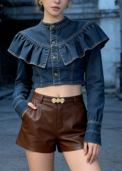 Fashion Blue Ruffled Patchwork Denim Short Top Spring