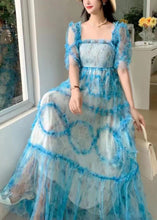 Load image into Gallery viewer, Fashion Blue Square Collar Ruffled Print Tulle Long Dress Summer