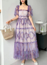Load image into Gallery viewer, Fashion Blue Square Collar Ruffled Print Tulle Long Dress Summer