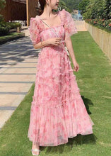 Load image into Gallery viewer, Fashion Blue Square Collar Ruffled Print Tulle Long Dress Summer