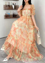 Load image into Gallery viewer, Fashion Blue Square Collar Ruffled Print Tulle Long Dress Summer