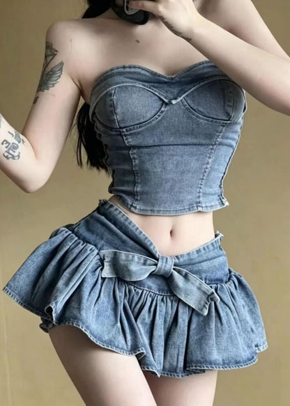 Fashion Blue Strapless Ruffles Denim Two Pieces Set Summer
