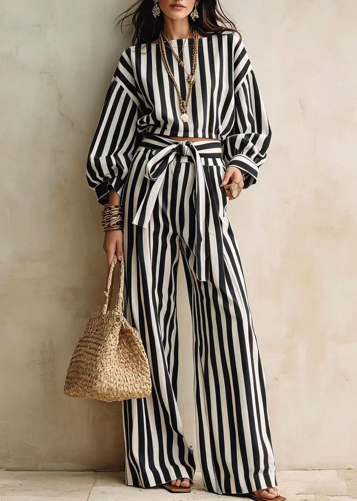 Fashion Blue Striped Tops And Pants Cotton Two-Piece Set Fall