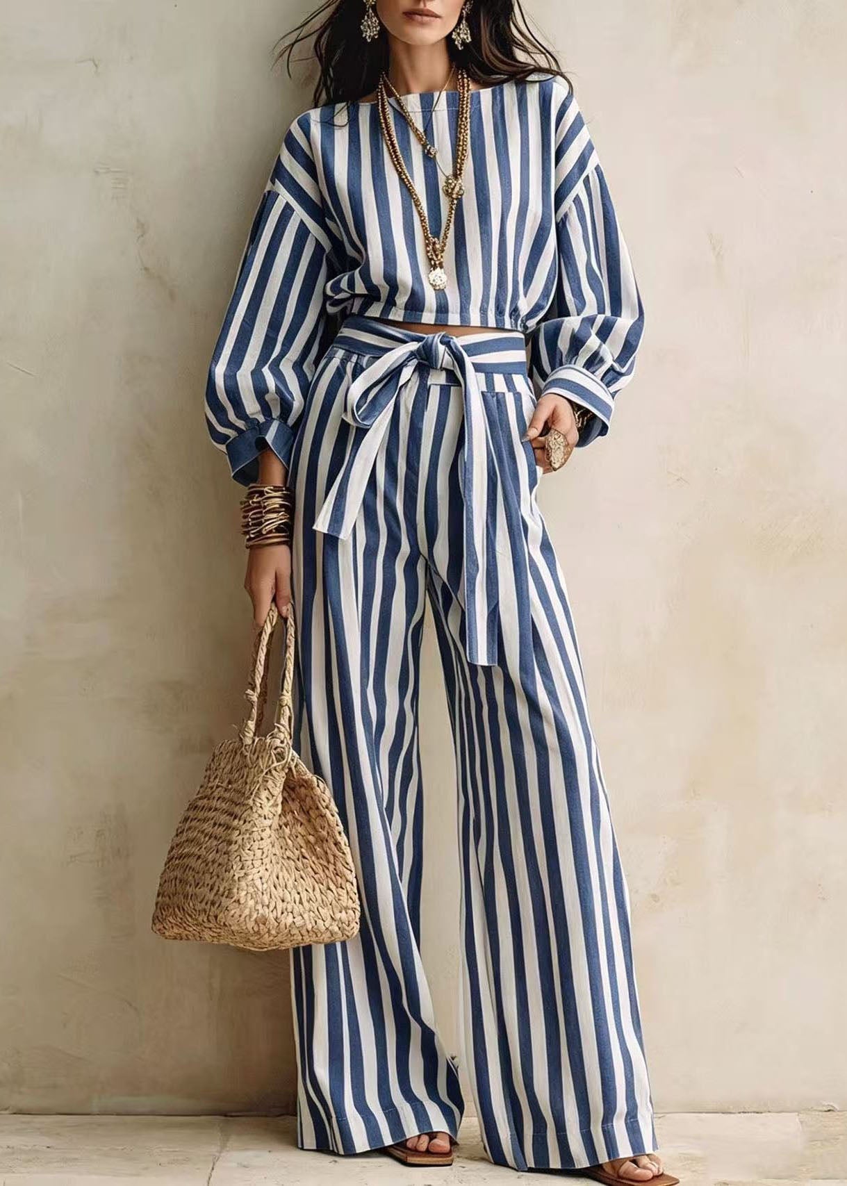 Fashion Blue Striped Tops And Pants Cotton Two-Piece Set Fall