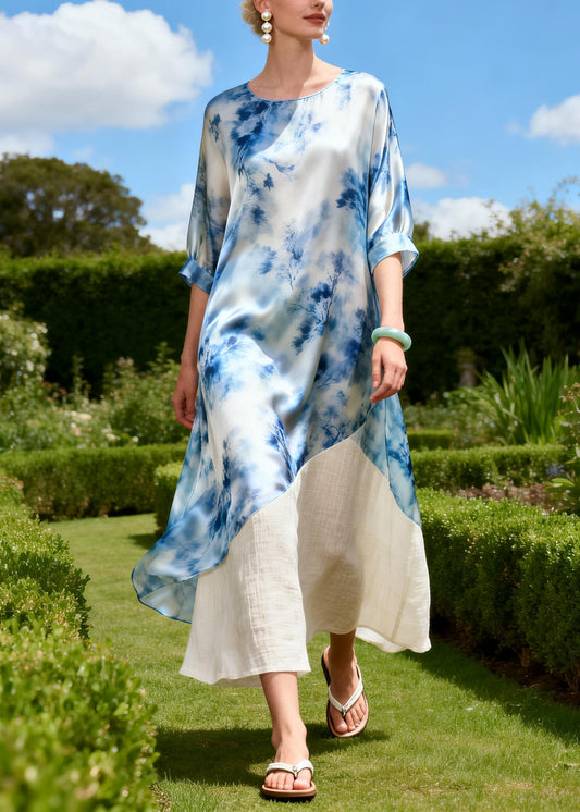 Fashion Blue Tie Dye Patchwork Linen Silk Robe Dresses Summer