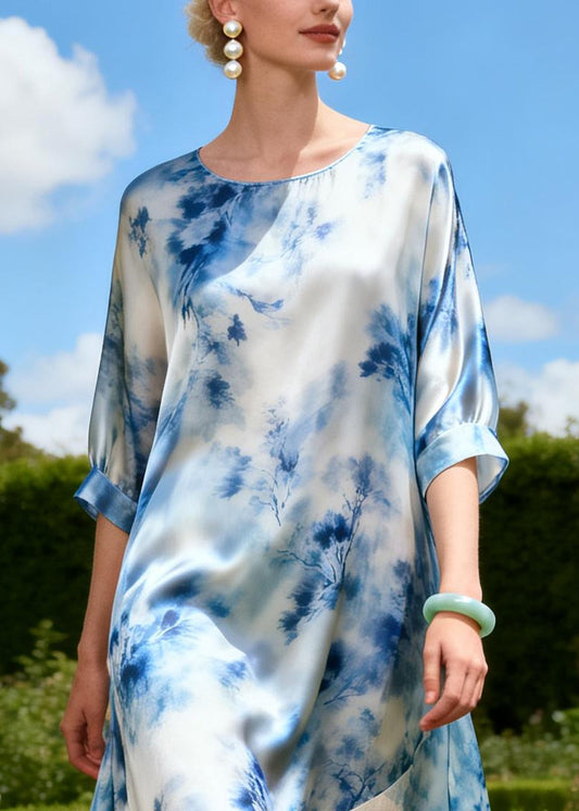 Fashion Blue Tie Dye Patchwork Linen Silk Robe Dresses Summer