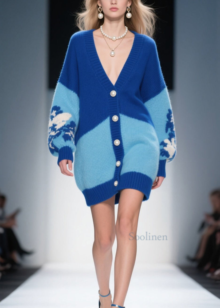 Fashion Blue V Neck Button Knit Loose Cardigans Fall