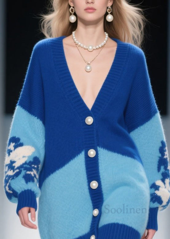 Fashion Blue V Neck Button Knit Loose Cardigans Fall