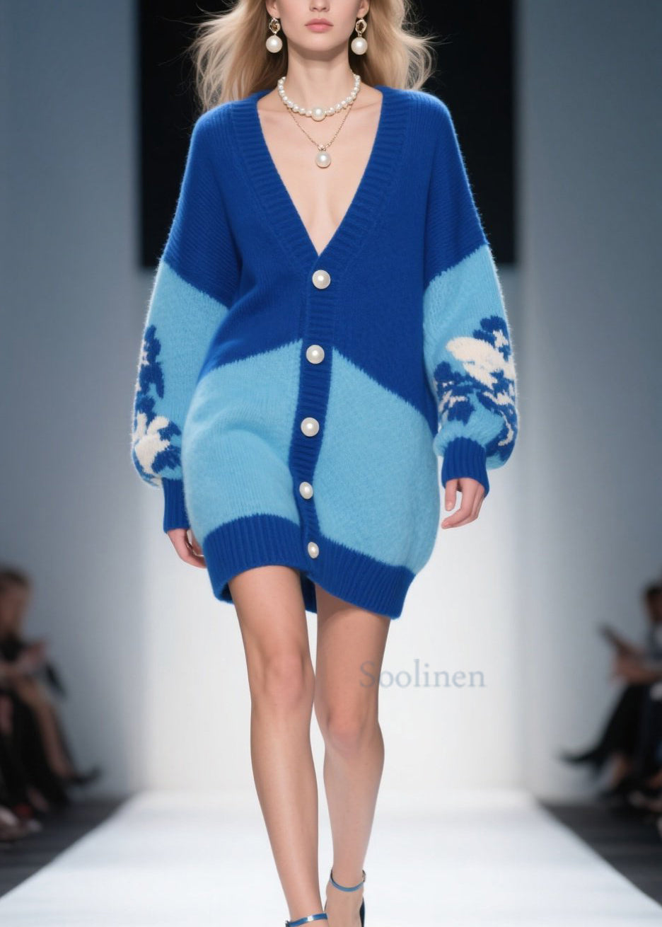 Fashion Blue V Neck Button Knit Loose Cardigans Fall