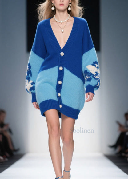 Fashion Blue V Neck Button Knit Loose Cardigans Fall