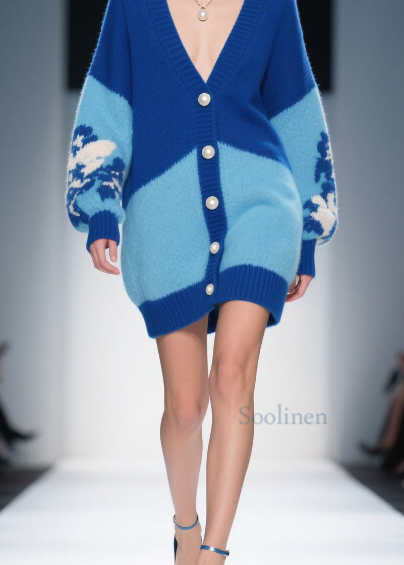 Fashion Blue V Neck Button Knit Loose Cardigans Fall