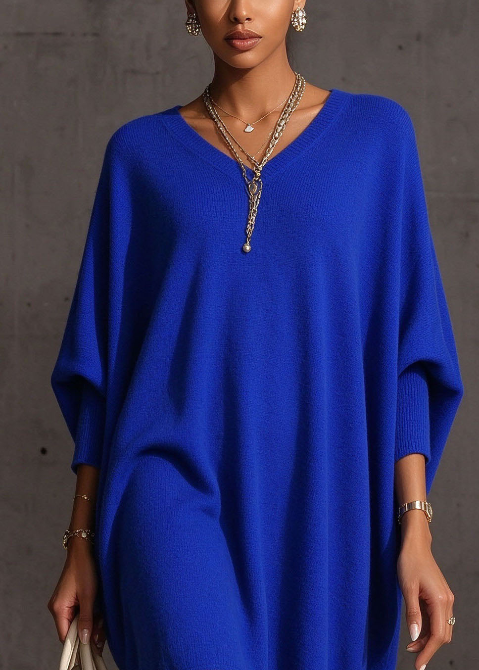 Fashion Blue V Neck Patchwork Knit Sweater Dress Batwing Sleeve