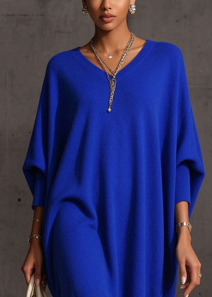 Fashion Blue V Neck Patchwork Knit Sweater Dress Batwing Sleeve