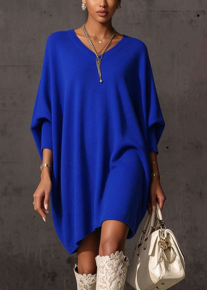 Fashion Blue V Neck Patchwork Knit Sweater Dress Batwing Sleeve