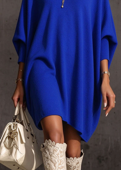 Fashion Blue V Neck Patchwork Knit Sweater Dress Batwing Sleeve
