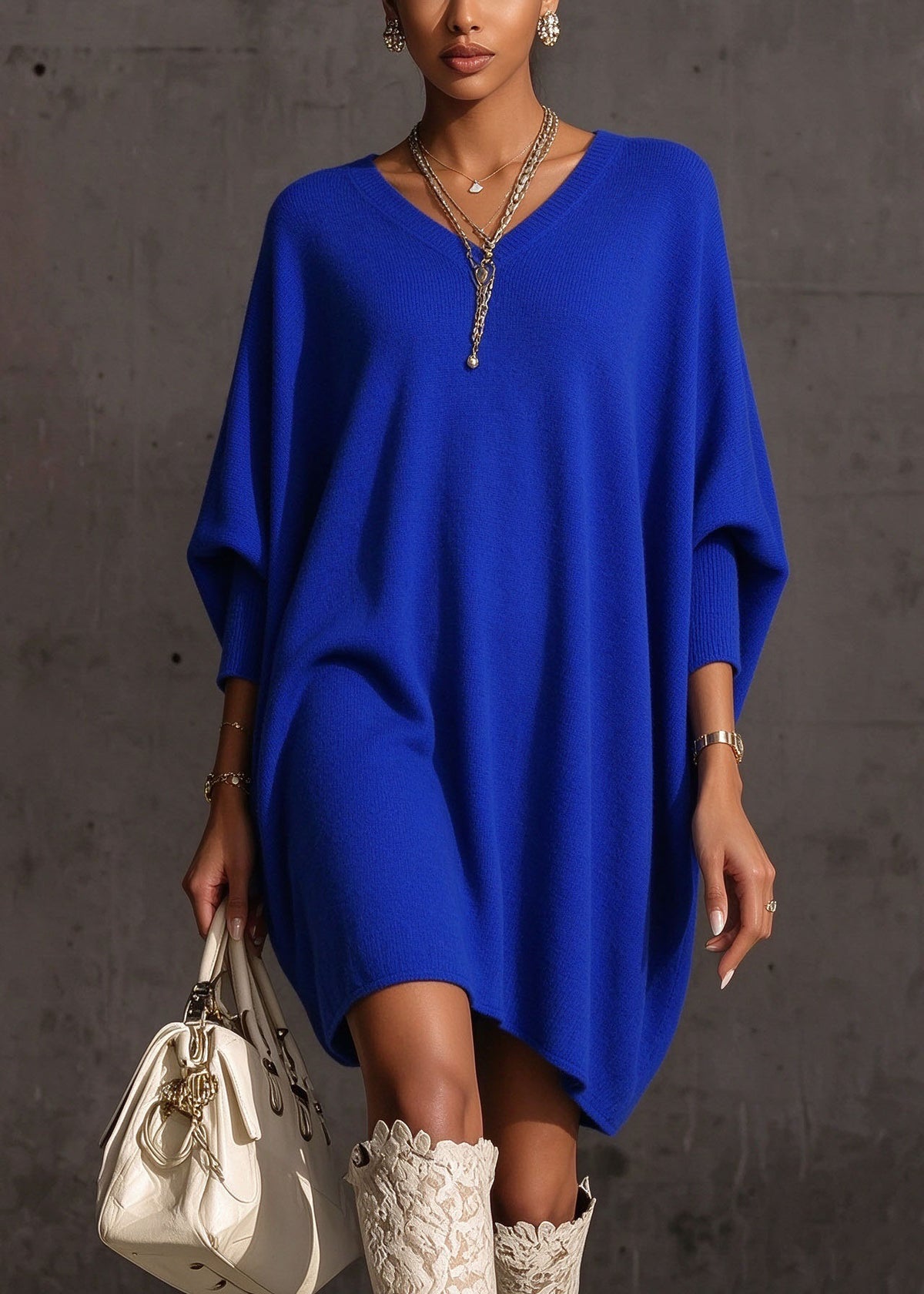 Fashion Blue V Neck Patchwork Knit Sweater Dress Batwing Sleeve