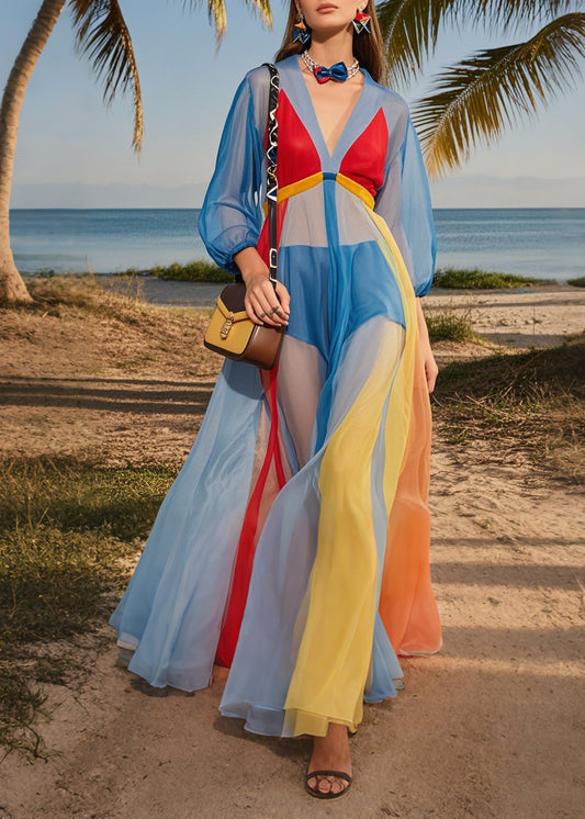 Fashion Blue V Neck Patchwork Tulle Maxi Dresses Summer