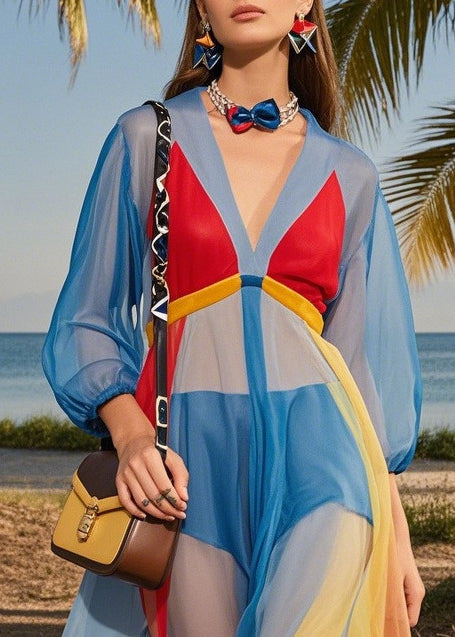 Fashion Blue V Neck Patchwork Tulle Maxi Dresses Summer