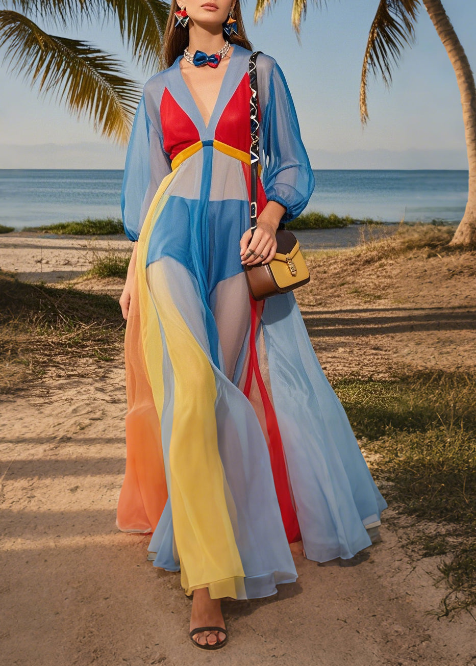 Fashion Blue V Neck Patchwork Tulle Maxi Dresses Summer