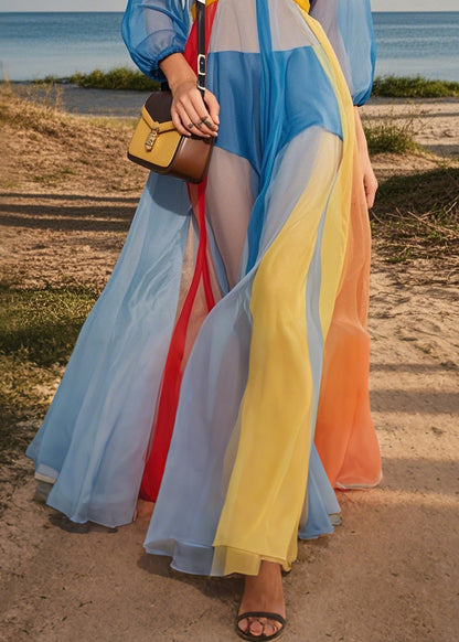 Fashion Blue V Neck Patchwork Tulle Maxi Dresses Summer