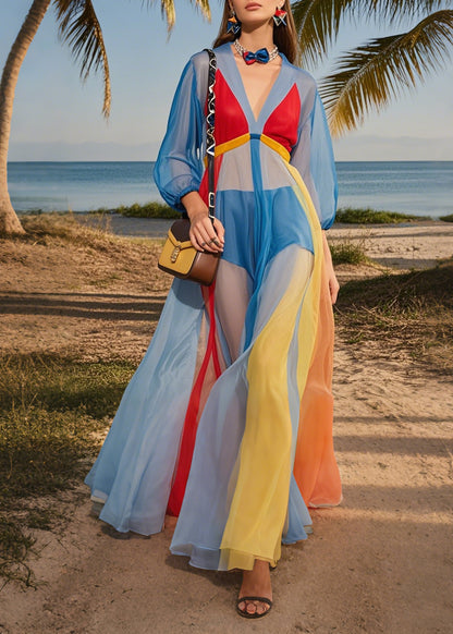 Fashion Blue V Neck Patchwork Tulle Maxi Dresses Summer