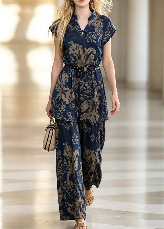 Fashion Blue V Neck Print Shirt And Wide Leg Pants Two Piece Set Summer